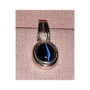 Vintage Sterling Silver Blue Cats Eye Glass Oval Cabochon Pendant